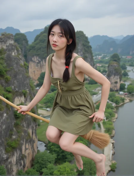 flying broomstick, a asian  woman,<lora:yinloop:0.7>, wavy twintail hair flying sideway, bang, wear low cut green skimpy sheer Hanfu top dress, creamy green nails paint, open arm, leaning left hand standing on a long broomstick in middle of the air, above aerial view of  karst mountains, calm river, dramatic limestone peaks, view from above,  <lora:flying-broomstick:0.8>  <lora:Flux_Skinny_Thinspo_Petite:0.4> <lora:MysticXXX-V6:0.6> <lora:oversize-bra-nipple:0.3>