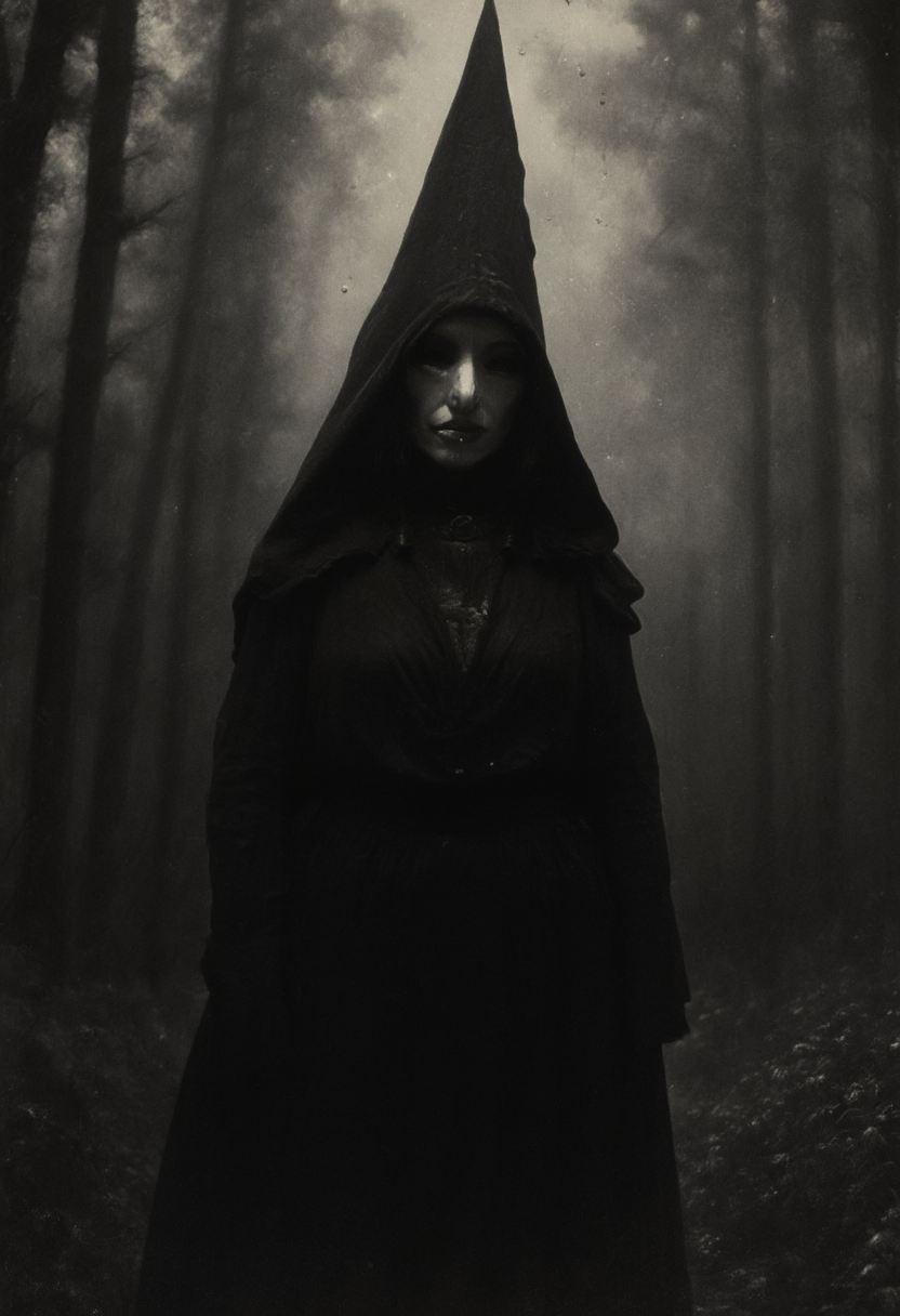 occult, old photo, dark creepy, hooded cultist, forest, black and white photo, dark, shadow, distorted, grainy, film grain, Victorian