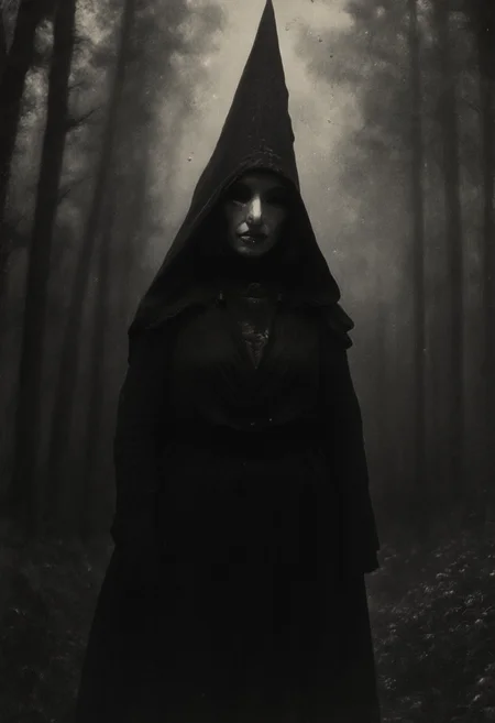 occult, old photo, dark creepy, hooded cultist, forest, black and white photo, dark, shadow, distorted, grainy, film grain, Victorian