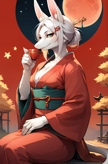 score_9, score_8_up, score_7_up, fluffy, tufts, furry, BREAK,
freyac, 1girl, solo, female, white ears, white hair, green eyes, cowboy shot, red eyeliner, amused, mature female, mature, seductive, bedroom eyes, white fur, Asian, red kimono, black accents, hair bun, gold hairpins, hairpin, hair pin, medium breasts, cleavage, from side, facing side, looking at viewer, sash, light smile, holding tea, long snout, sitting,
BREAK, gold accents, moon, flat color, soft shading, anime, red background, ink, dark, night, forest, Japanese, detailed background, white ear fluff, ear fluff, town, black buildings, stars, detailed background,
zPDXL, <lora:Freya10S 97:1>, <lora:Pony_DetailV2.0:1>