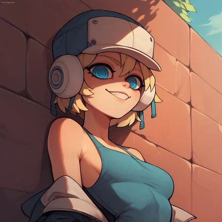 score_4_up, score_5_up, score_6_up, score_7_up, score_8_up, score_9_up, Psychopomp, 1girl, smirk solo, spiral eyes, medium breasts, outdoors, sewerage , blue eyes, blonde hair, leaning back, hat, <lora:Psychopomp-25:1.25>