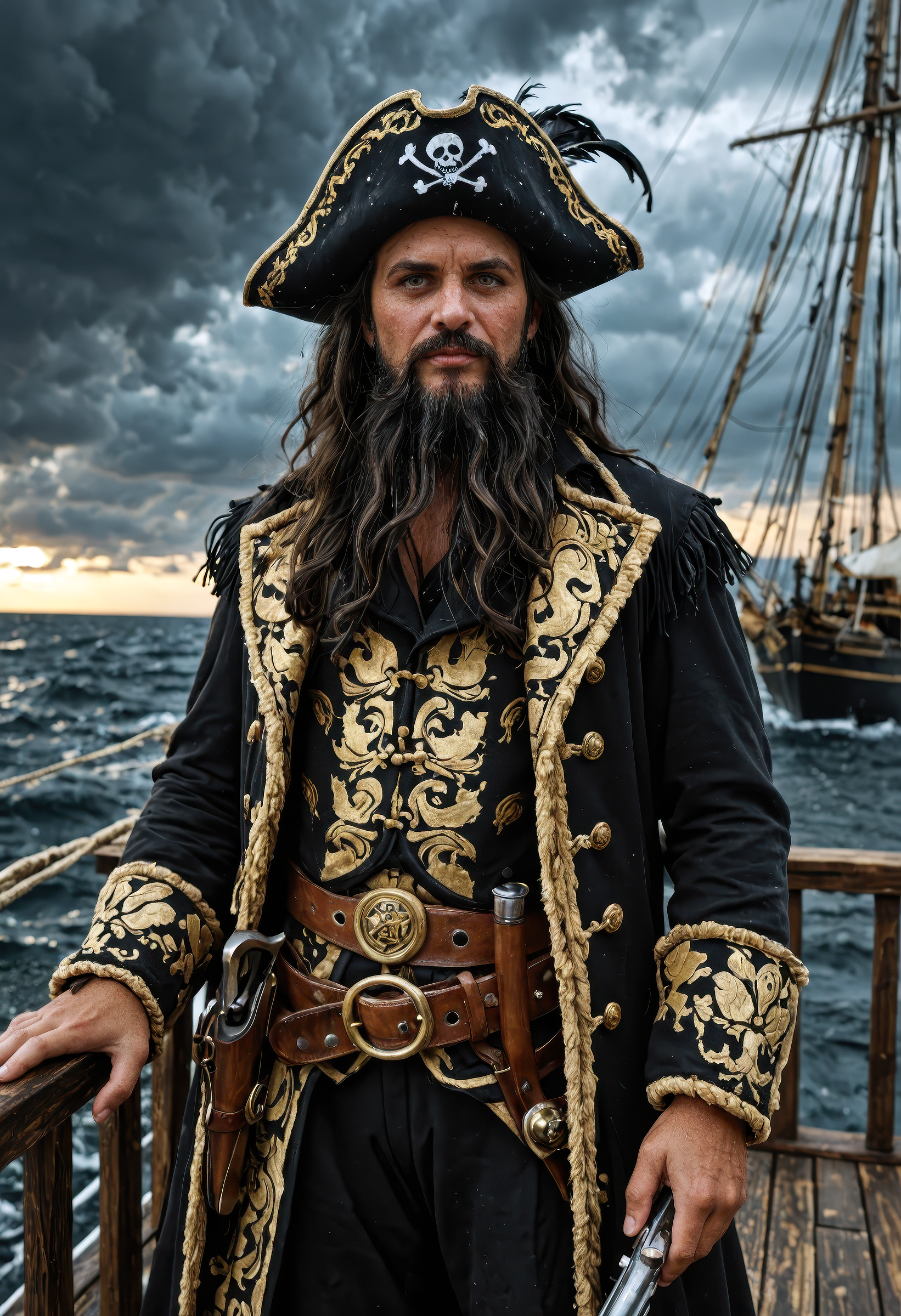 early 17th century pirate captain standing on the deck of a weathered wooden ship, intense angry expression, long wind-blown dark hair, weathered and feathered tricorn hat, ornate richly textured naval coat with golden embroidery, leather belts and flintlock pistols at his waist, long beard, dramatic clouds overhead with shafts of sunlight piercing mist, detailed rigging and furled sails in the background, ocean spray catching the golden light, turbulent sea visible beyond the deck rails, cinematic nautical lighting, painterly historic realism, epic maritime atmosphere, expressive stormy mood