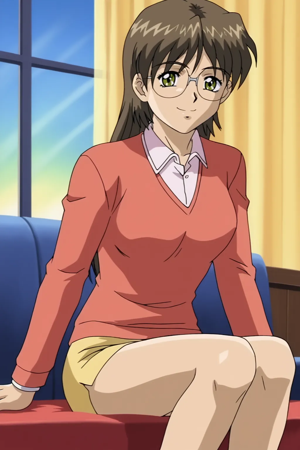 score_9, best, masterpiece, uncensored,
indoors,
1girl, solo, smile, retro artstyle, 1990s (style),
LTHRMNEmi,
rimless eyewear, red sweater over pink collared shirt, (yellow miniskirt:1.3),
<lora:LeathermanEmi_V2:0.8>​​​