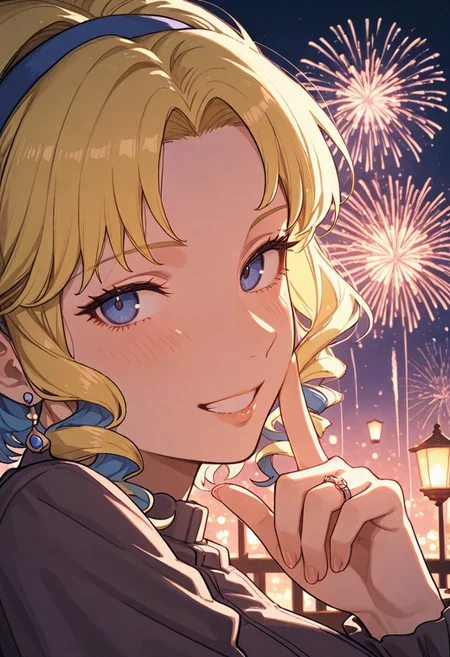 masterpiece, by piaki, best quality, very detailed,
1 girl, \(fire emblem\), Constance, clothed, mature female, from side
Outdoors, (leaning on red guardrail), night time, floating lanterns, colorful fireworks, heart effect, looking at viewer from side, happy, face focus, close-up, female on side, grin, close up finger poking at viewer, ring on hand, gentle eyes, light blush, detailed lips, romantic,