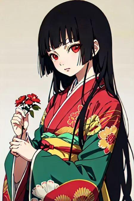 enma ai, hair down, hair black, bangs, eyes red, masterpiece, best quality, ultra-detailed, illustration, 1girl, solo, highres, photorealistic, ultra high res, (Original illustration composition), (fusion of limited color,Maximalism artstyle, kimono obi fashion, double exposure, background, illustration, Amazing, lily spider, night darkness, open one's mouth, middle finger show, bouquet flowers