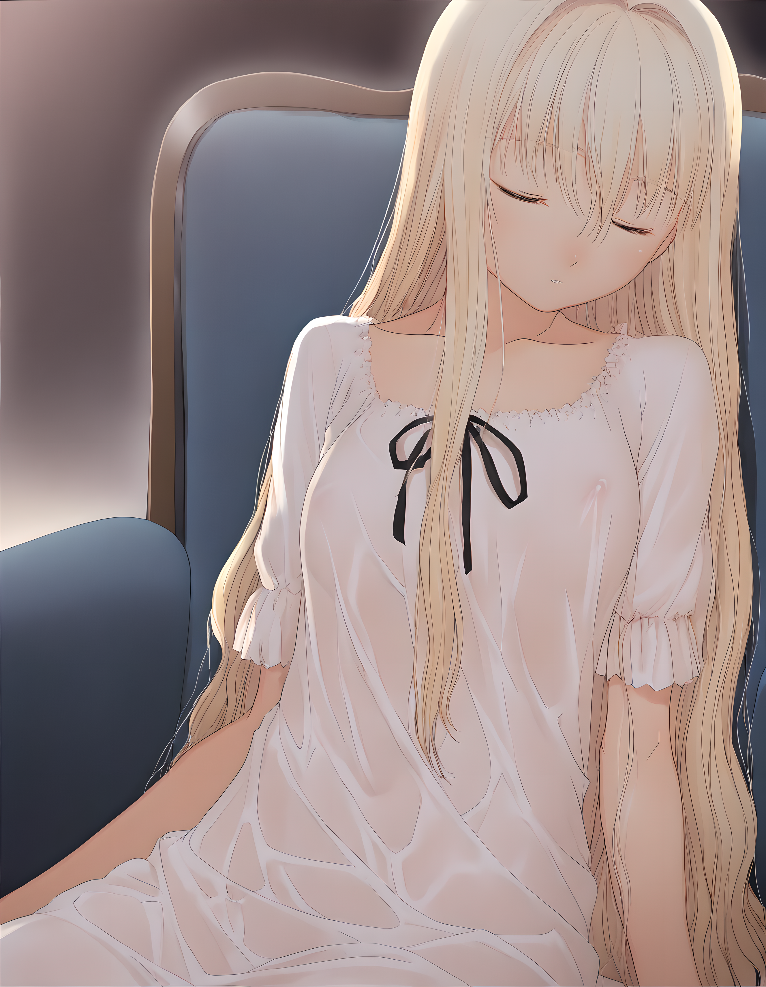 <lora:illustrious_XL_hortensia:0.9>,hortensia,masterpiece,best quality,good quality,1girl,solo,white dress,see-through,ribbon,fine_fabric_emphasis,shiny clothes,shiny hair,cowboy_shot,closed eyes,couch,chair,sitting,sleeping,sleeping upright,