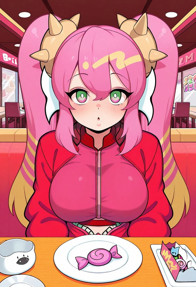 1girl, LiveTwinKi-sikilYu-Gi-Oh ((( blowing pink bubblegum )), general, solo, pov dating, straight-on, long hair, pink hair, twintails, large breasts, spike, red jacket, open jacket, crop top, dating, sitting, looking at viewer, restaurant, table, candy on plate, masterpiece, best quality, amazing quality,),<lora:kp_LiveTwinKi-sikilLil-laYu-Gi-OhIllustrious_v1_0:1.0>