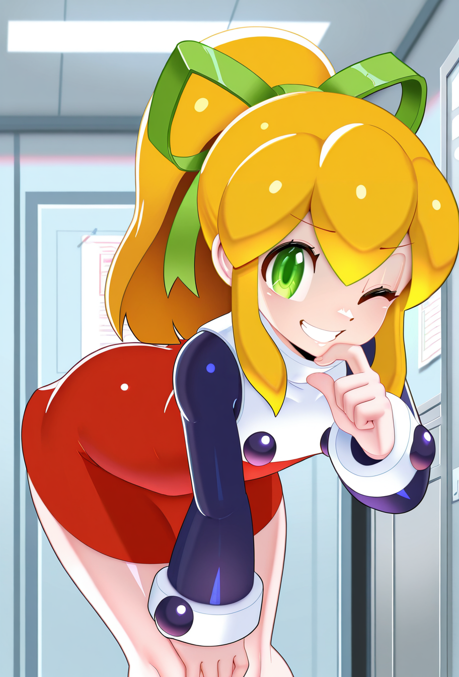 masterpiece, best quality, absurdres, 1girl, solo, <lora:Kasniff_r1:1>, Kasniff, roll \(mega man\), indoors, lab, finger on chin, grin, wink, leaning forward