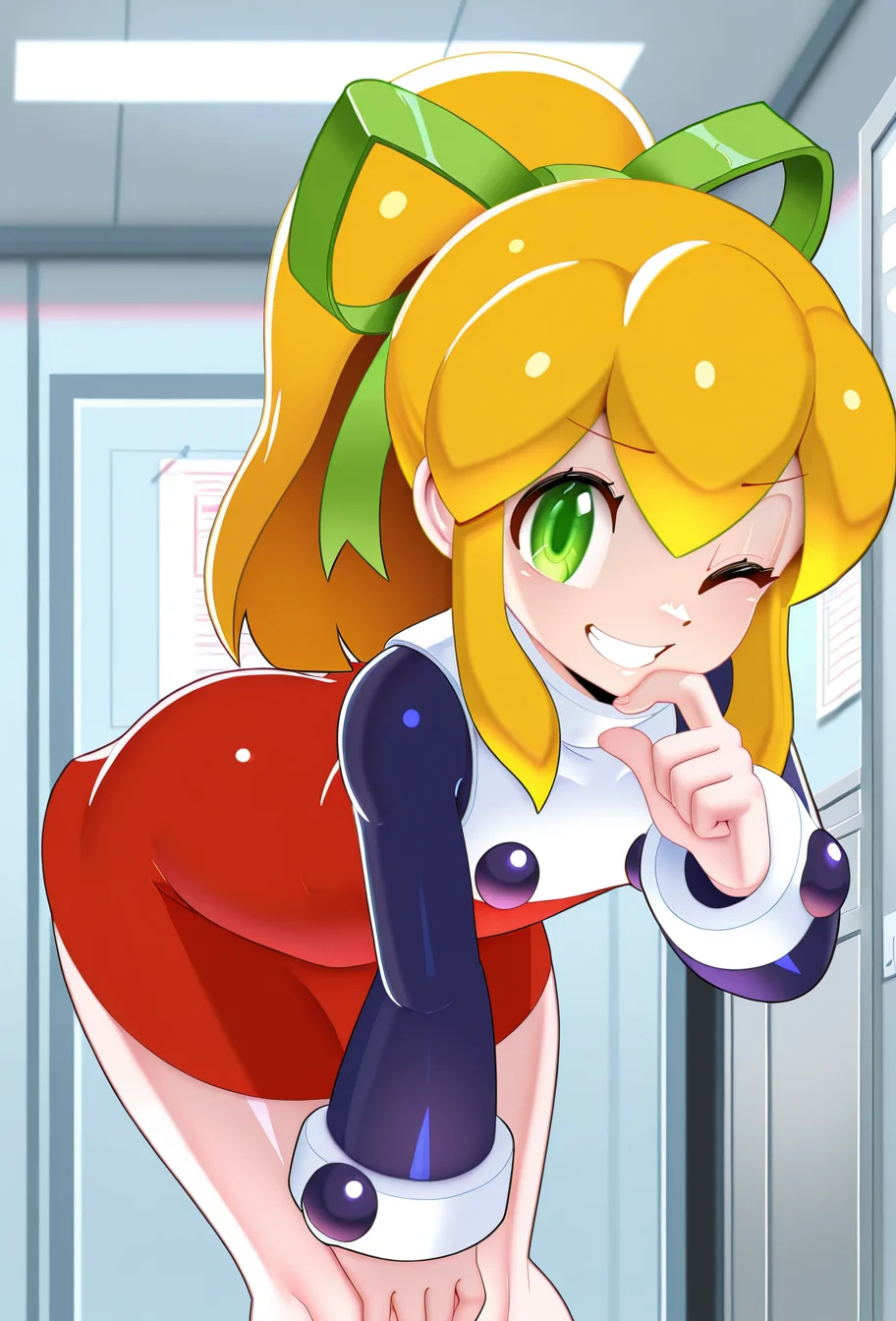 masterpiece, best quality, absurdres, 1girl, solo, <lora:Kasniff_r1:1>, Kasniff, roll \(mega man\), indoors, lab, finger on chin, grin, wink, leaning forward