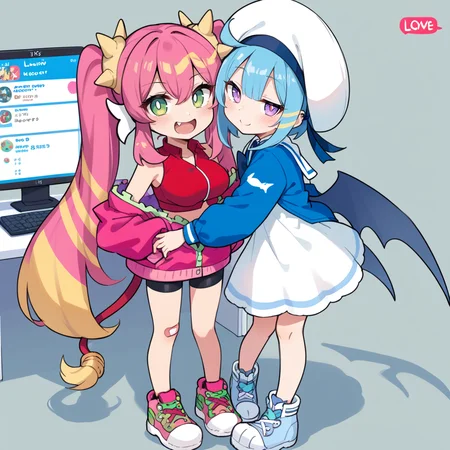 (score_9:0.9),score_8_up,score_7_up,rating_safe,(zPDXL3),sidelocks,parody,official art,2girls,full body,blush stickers,(livestream),teeth,sidelocks,screen,display,standing,hug
BREAK pink jacket,ka sikil,red cropped vest,red tail,hair ornament,medium breasts,looking at viewer,open mouth,fang,:d,pink sneakers,black bike shorts,bandaid on knee,blush
BREAK blue jacket,white dress,lil la,blue demon wings,white sailor hat,half-closed eyes,small breasts,light smile,looking at viewer,blue sneakers, spoken heart,<lora:Live twin ponyXL v1:0.65>,