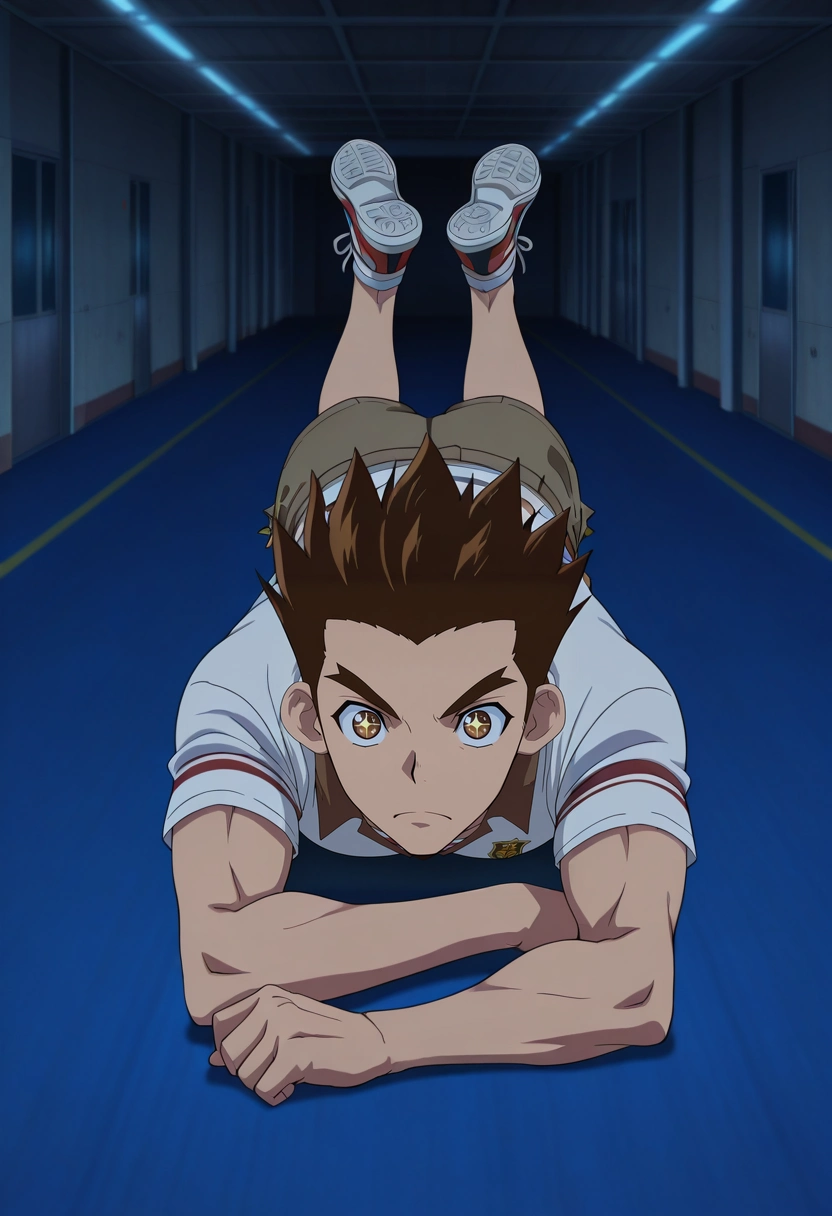masterpiece, best quality, intricate details, anime screencap, anime coloring, official style, , 1boy, solo, male focus, <lora:taiju_ooki_ilxl:0.9>, taiju_ooki, brown hair, brown eyes, short hair, spiked hair, rule of thirds, highway, indoors, dark, the pose, sparkling eyes, Crepe Cargo boardshorts, Rugby shirt, Sneakers, ,
