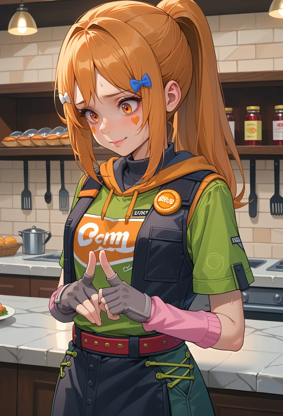 score_9, score_7_up, source_anime, solo, BREAK <lora:AEHeddy:0.7> AEHeddy, orange eyes, orange hair, long hair, ponytail, sidelocks, facial mark, heart facial mark, hair bow, hair tie, hair clip, blue bow, white bow, hoodie, black skirt, black vest, green shirt, short sleeves, black gloves, fingerless gloves, grey gloves, apron, badge, red belt, long skirt, pink socks, black footwear, boots,
forced smile, nervous sweating, counter, v arms, looking down,