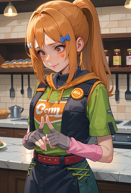 score_9, score_7_up, source_anime, solo, BREAK <lora:AEHeddy:0.7> AEHeddy, orange eyes, orange hair, long hair, ponytail, sidelocks, facial mark, heart facial mark, hair bow, hair tie, hair clip, blue bow, white bow, hoodie, black skirt, black vest, green shirt, short sleeves, black gloves, fingerless gloves, grey gloves, apron, badge, red belt, long skirt, pink socks, black footwear, boots,
forced smile, nervous sweating, counter, v arms, looking down,