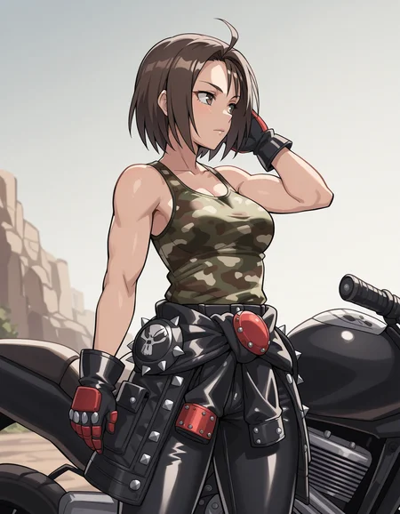 <lora:kazama-akira-illustrious-000015:0.8> 1girl, solo, rskzm, camouflage tank top, jacket around waist, bare arms, leather pants, gloves, confident, motorcycle, outdoors, masterpiece, best quality