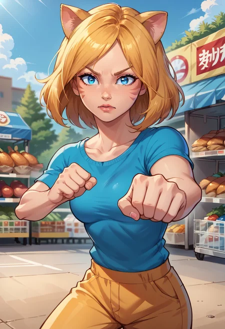 score_7_up, SUNSHINEGOODNESS, 1girl, solo, blonde hair, blue eyes, animal ears, cat ears, blue shirt, portrait, source_anime, looking at viewer, fighting stance, dynamic pose, supermarket background, blurry background,