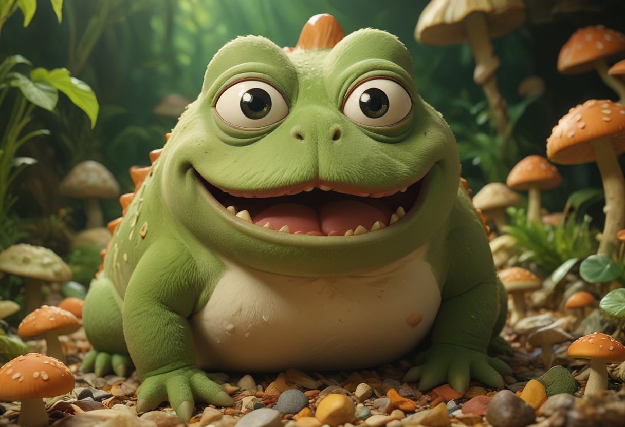 cinematic, sense of scale, 1 large stoned pepe_frog+chonkasaurus, psychedelic shroomroom, <lora:chonkasaurus-000003:1>, <lora:add-detail-xl:2>