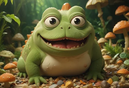 cinematic, sense of scale, 1 large stoned pepe_frog+chonkasaurus, psychedelic shroomroom, <lora:chonkasaurus-000003:1>, <lora:add-detail-xl:2>