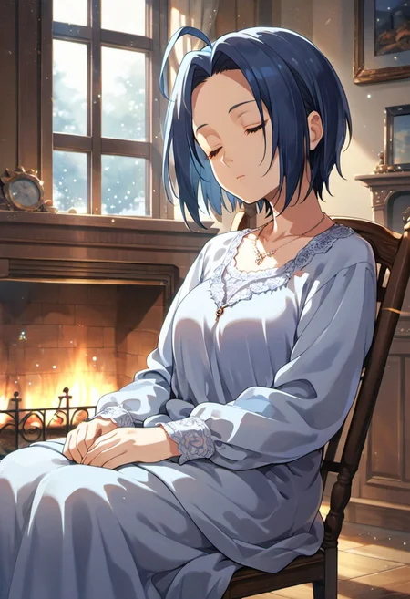 score_9, score_8_up, score_7_up, source_anime,miura azusa, blue hair, ahoge, short hair, red eyes, 1girl, solo, closed eyes, chair, sitting, window, indoors, fireplace, sleeping, light particles, jewelry, necklace