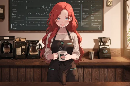 masterpiece, score_9, score_8_up, score_7_up, highly detailed, ultra-detailed, cinematic lighting, soft warm glow, cozy atmosphere,
1futa, long red hair, vibrant red hair, wavy hair, nose piercing, lip piercing, ear piercings, silver jewelry, barista, coffee shop worker, wearing apron, stylish casual outfit, warm smile, friendly expression,
behind the counter, holding a coffee cup, steaming coffee, rustic wooden counter, espresso machine, chalkboard menu in the background, café ambiance, soft blurred background, warm color palette, inviting atmosphere, <lora:DownbulgeIL:1> ,down_bulge, <lora:Kamuo:1>, Kamuoo, <lora:NOOB_vp1_detailer_by_volnovik_v1:1>, <lora:add-detail-xl:1> ,<lora:SkindentationIL3.4_alpha16.0_rank32_full_400steps:2>,