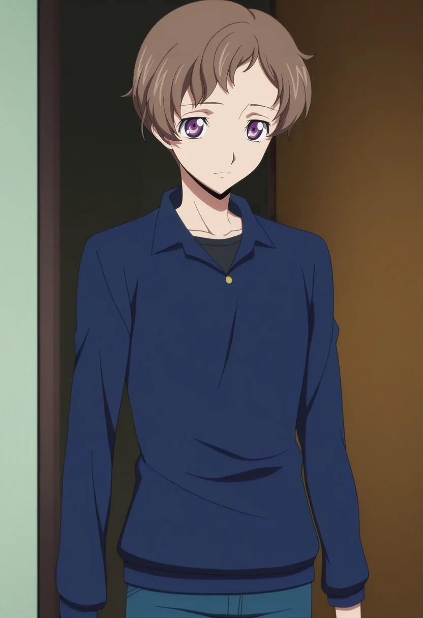masterpiece, best quality, anime screencap, official style, anime coloring, cowboy shot, 1boy, solo, male focus, <lora:rolo_lamperouge_ilxl:0.94>, rolo_lamperouge, brown hair, purple eyes, short hair, aged up, ,