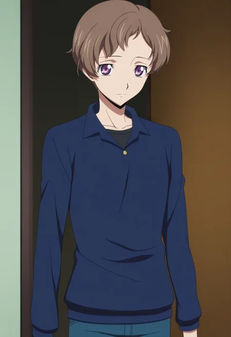 masterpiece, best quality, anime screencap, official style, anime coloring, cowboy shot, 1boy, solo, male focus, <lora:rolo_lamperouge_ilxl:0.94>, rolo_lamperouge, brown hair, purple eyes, short hair, aged up, ,