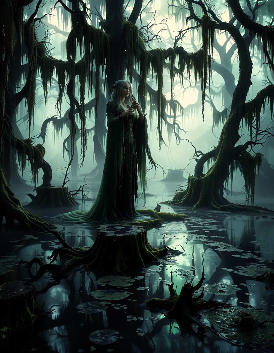 A demonic fairy woman sitting gracefully in an ominous swamp,0m1n0us sw4mp. She has a hauntingly beautiful appearance, with translucent, tattered wings resembling those of an insect, glowing faintly in a dark, eerie hue. Her skin is pale with subtle, intricate patterns like magical runes etched into it, and her eyes glow with an unsettling red or violet light. She wears an ethereal, dark gown made of shredded, otherworldly fabric that appears to flow like smoke, blending with the mist of the swamp. Her hair is long, wild, and black with streaks of silvery white, floating slightly as if affected by unseen magical energy.
The swamp around her is dark and foreboding, with twisted, gnarled trees reaching out like claws. The water is murky, reflecting a pale, sickly green glow from bioluminescent plants and fungi scattered throughout. The air is filled with a faint, ghostly mist, and strange, faint lights hover in the background, adding a mystical atmosphere. The lighting is dim, with a soft, ethereal glow illuminating the fairy woman from below, contrasting with the deep shadows of the swamp. The mood is dark, mysterious, and magical, evoking both beauty and menace.<lora:SDXLFaeTastic2400:0.4> <lora:extremely_detailed:0.4> extremely detailed, <lora:0m1n0us_sw4mp:1>, Masterpiece,best quality,hi res,8k,hi res,8k,award winning,(sharp focus, intricate, highly detailed),