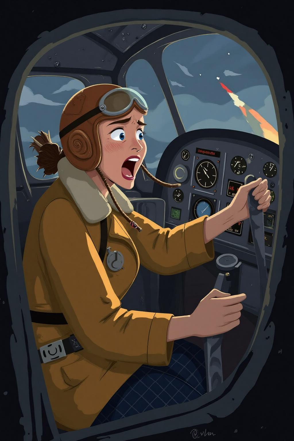 vector art. 
A female pilot screaming inside the cockpit of a World War II bomber. The pilot, wearing a vintage leather flight helmet with goggles and a bomber jacket, grips the controls with white-knuckled hands. Her face is contorted in a mix of fear and determination as she yells, her eyes wide with adrenaline. The cockpit is cramped and filled with old-fashioned dials and gauges, with the outside view showing dark stormy clouds and distant anti-aircraft fire <lora:vectorart1_cap_d6a3:1.0><lora:844071896988462381:0>
