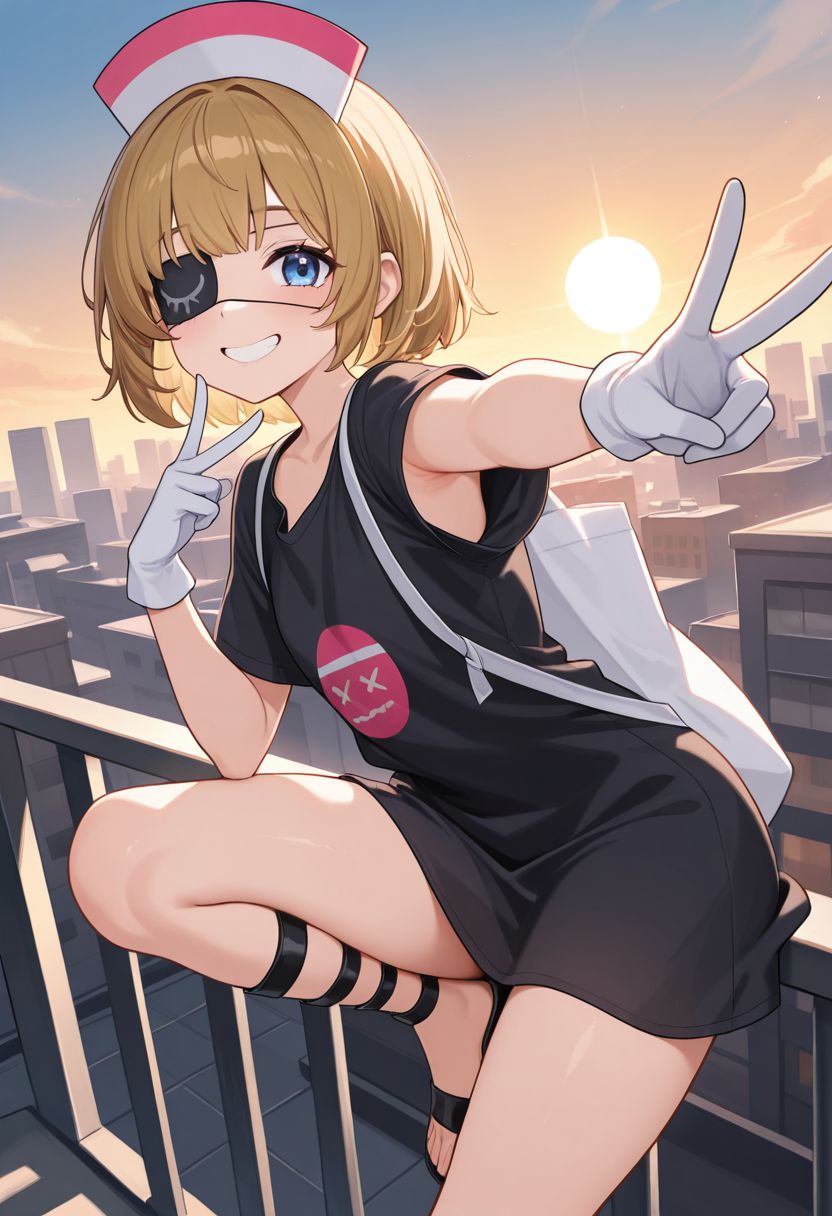 1girl,solo,<lora:yakkochanil:0.9>,yakkochan,blue eyes,blonde hair,brown hair,short hair,eyepatch,nurse cap,dress,black dress,oversized shirt,short sleeves,white gloves,bag,looking_at_viewer,cowboy_shot,from_side,smile,giggling,leaning_forward,sitting,sunset,sun,cityscape,rooftop,gladiator_sandals,armpit peek,toes,v,outstretched_arm,sitting_on_railing,knee_up,incredibly absurdres,masterpiece,best quality,good quality,newest,