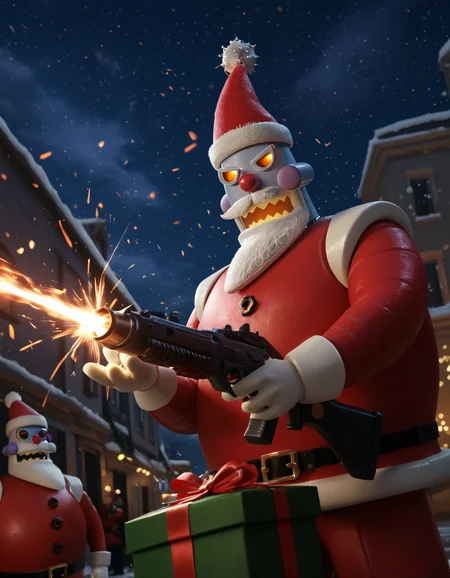 score_9, score_8_up, score_7_up, source_furry, rating_safe, SSAO, detailed, detailed shadows, ambient occlusion, cinematic lighting, particles, graffiti, ray tracing, reflections, decals, masterpiece, best quality, ultra realistic, detailed eyes, 4k, 2k, film photography, RAW photo, photorealistic, analog style, subsurface scattering, photorealism BREAK <lora:add-detail-xl:3.0>, <lora:sinfully_stylish_SDXL.safetensors:1.0>, <lora:AdvancedEnhancerXLv2.safetensors:1.0>, dutch angle, detailed eyes, (detailed background:1.2), (anthro, furry:1.15), <lora:Robot_Santa_Claus_Futurama.safetensors:0.8>, r0b0t_s4nta_c1aus, holidays, headgear, christmas, male, machine, hat, firing, headwear, weapon, clothing, gun, red nose, gift, hi res, anthro, robot, ranged weapon, santa hat, santa costume, facial hair, night, explosives, 1boy, holding, fake facial hair, mustache, sky, male focus, holding weapon, box, holding gun, red headwear, night sky