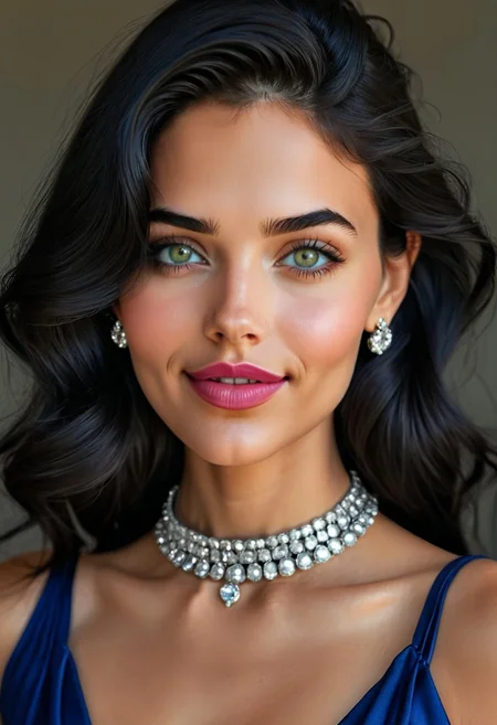 photorealistic, epic realism, (masterpiece), (Realistic photo), (High quality), (RAW photo 8k), (upper body), (Photography by Steve McCurry), incredibly absurdres, young, supermodel, 1girl, solo, ((upper body:1.4)), ((portrait, looking at the viewer)), (outline defined full lips:1.4), (green/hazel eyes), perfect symmetrical eyes, long eyelashes, wearing an indigo haute couture dress, neckline, diamond choker, diamond stud earrings, sparkle, (highly detailed, intricate), ((black hair:1.4), modern hairstyle, hair intakes, (healthy hair, silky hair, voluminous hair)), ((natural, eyeliner, pink lipstick, seductive smiling expression, closed mouth, closed lips, highly detailed face)), (exceptional Detail Clarity, dynamic angle, DSLR, hyper-detailed), (fine details, sharp focus, depth of field).