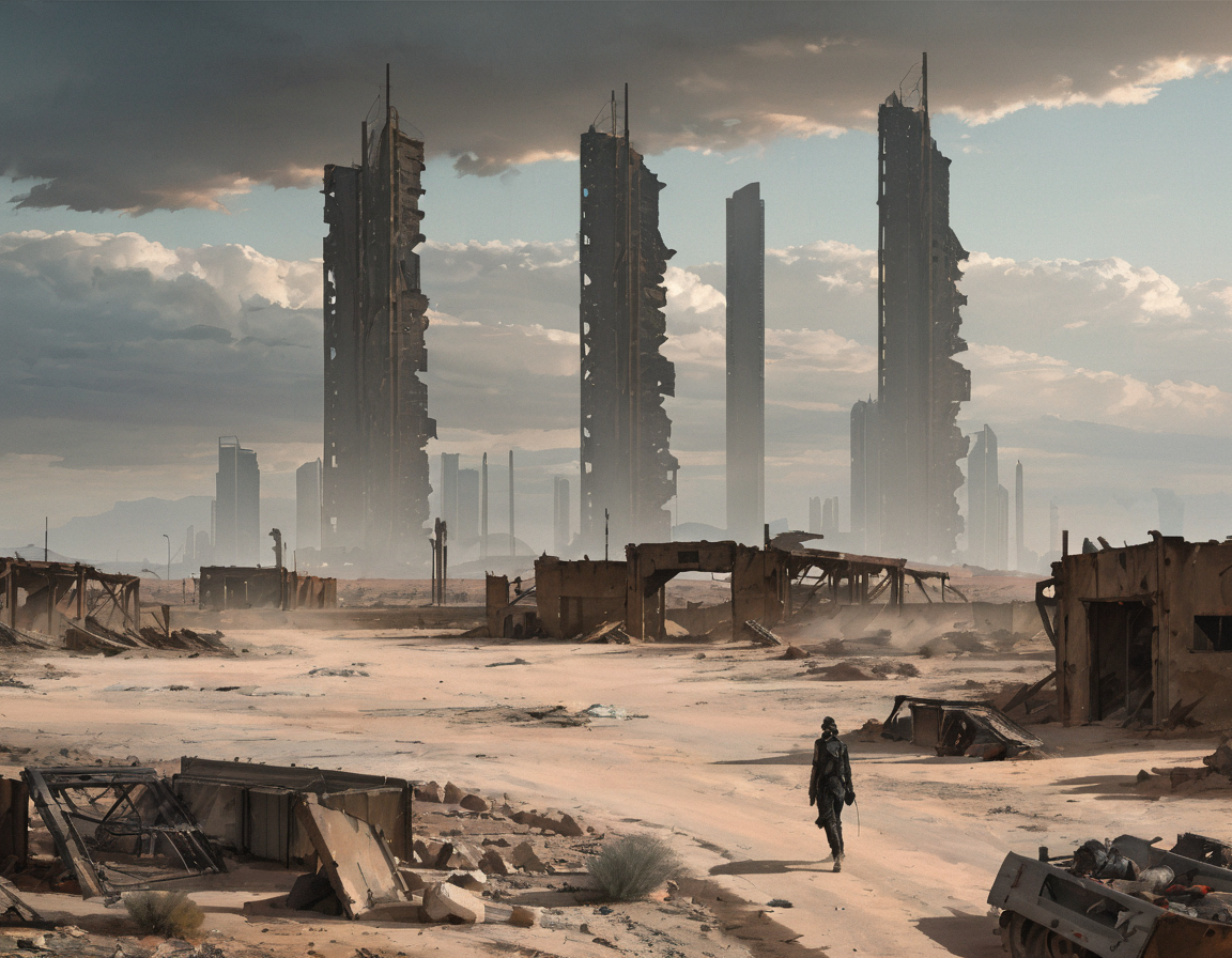<lora:wkas:0.6>wkas, desert, clouds, massive structures in background, people, dystopian rubble, building