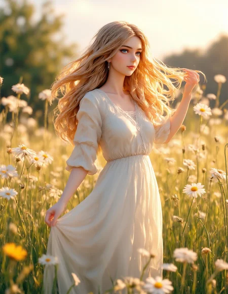 Beautiful young woman with flowing golden hair, ethereal white dress, standing in a sunlit meadow of wildflowers, soft afternoon light, dreamy atmosphere, inspired by Pre-Raphaelite paintings, Art Nouveau style, and works of John William Waterhouse, delicate facial features, serene expression, photorealistic details, high-quality digital art, vibrant colors, cinematic composition. mythp0rt, aidmaMJ6.1, ne0nfant4sy, 1girl, perfectly flat chest, tiny perky tits
