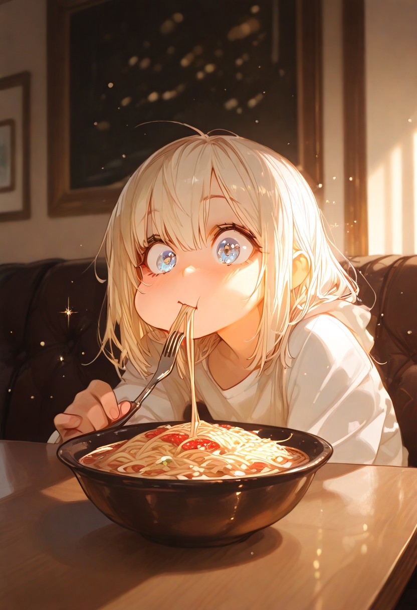 masterpiece, best quality, very aesthetic, absurdres, ambient light, soft light, incoth, (incase:0.6), SagawaStyle, Bright_illu,sparkle,too many light particles,
1girl, cute round face, cartoon style, loose pajama, white panties, at home, sitting in front of a table, holding o fork with spaghetti, chewing spaghetti, chewing noodle, deformed cheek, shocked, panic, large eyes, embarressed, upper body, blurry background, sunny day, bokeh, living room background,
high detail, sharp shading, centered composition, soft shadows