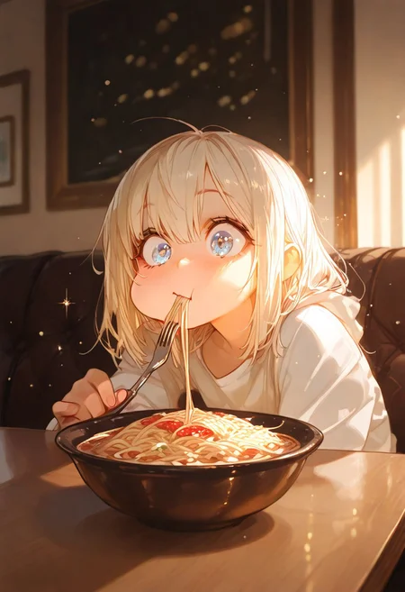 masterpiece, best quality, very aesthetic, absurdres, ambient light, soft light, incoth, (incase:0.6), SagawaStyle, Bright_illu,sparkle,too many light particles,
1girl, cute round face, cartoon style, loose pajama, white panties, at home, sitting in front of a table, holding o fork with spaghetti, chewing spaghetti, chewing noodle, deformed cheek, shocked, panic, large eyes, embarressed, upper body, blurry background, sunny day, bokeh, living room background,
high detail, sharp shading, centered composition, soft shadows