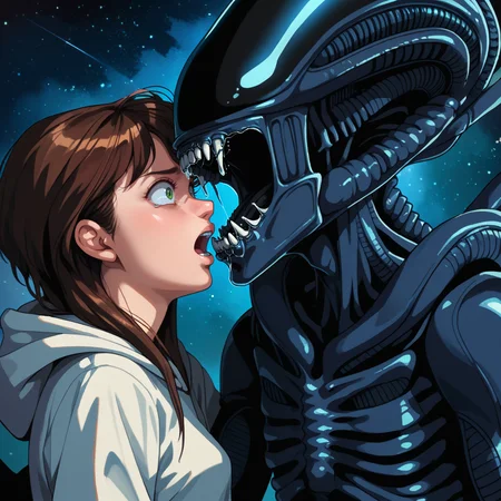 score_9, score_8_up, score_7_up, score_6_up, score_5_up, horror \(theme\), (looking at another:1.1), ot0m, duo, monster xenomorph with no eyes and black skin, wide open mouth BREAK de1, girl, scared, green eyes, brown hair, starry space background, from side, <lora:OtaKingMondayAshlinPDXL32v1.5tx1-000015:0.9>