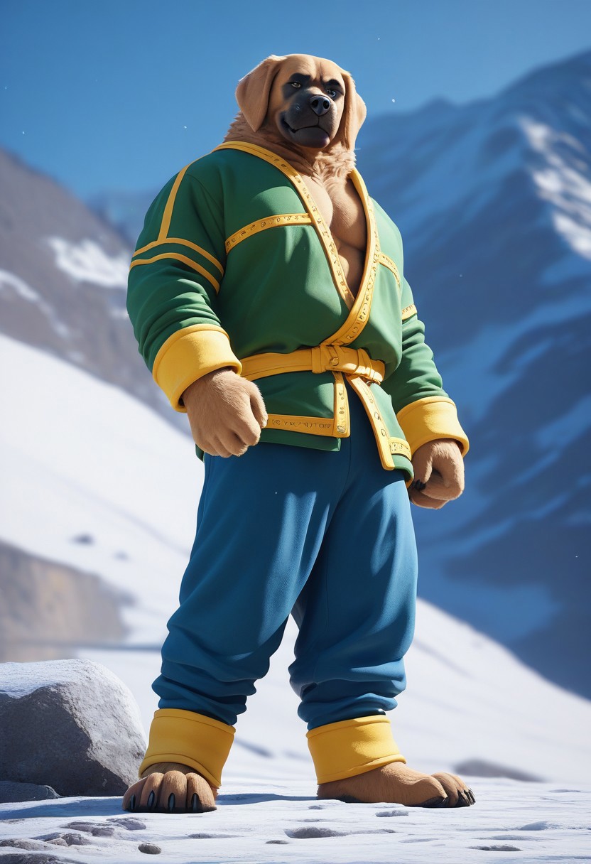 score_9, score_8_up, score_7_up, BREAK (anthro, furry:1.1), depth of field, cinematic lighting, masterpiece, detailed hands, detailed face, best quality, ultra realistic, 4k, 2k, film photography, RAW photo, photorealistic, analog style, subsurface scattering, photorealism, embedding:unaestheticXL_bp5, embedding:zPDXL,(best quality, high quality, 8K:1.5), <lora:add-detail-xl:2.5>, <lora:fix_hands.safetensors:2.0>, <lora:2.5DRealisticV2.safetensors:0.2>, <lora:sinfully_stylish_SDXL.safetensors:0.6>,  <lora:AdvancedEnhancerXLv2.safetensors:1.0>, (hi res), ((masterpiece)), ((best quality)), illustration, anthro, furry, (hi res), ((masterpiece)), ((best quality)), illustration, anthro, furry, Tibetan Mastiff, <lora:Khampa_Rock_Dog.safetensors:0.8>
Middle-aged, 3d, cartoon, chest, belly, ,green Tibetan jacket, yellow trim, yellow cuffs, yellow belt, blue pants, light blue cuffs. brown fur, tan fur, tan fur on his muzzle, face, furry, male focus, feet, smile,
 solo, standing, snow mountain background