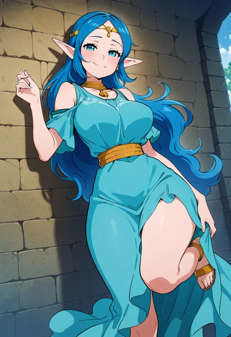 masterpiece, best quality, solo, curvy, beautiful eyes, narrow waist, wide hips, 1girl, solo, smile, looking at viewer, foreshortening, close up, anime screenshot, zzNayru, blue eyes, blue hair, bare shoulders, jewelry, very long hair, blue dress, elf, circlet, large breasts, ,<lora:NayruZelda_IXL_v2:1.0>,leaning on wall, one leg bent, smug, looking at viewer,