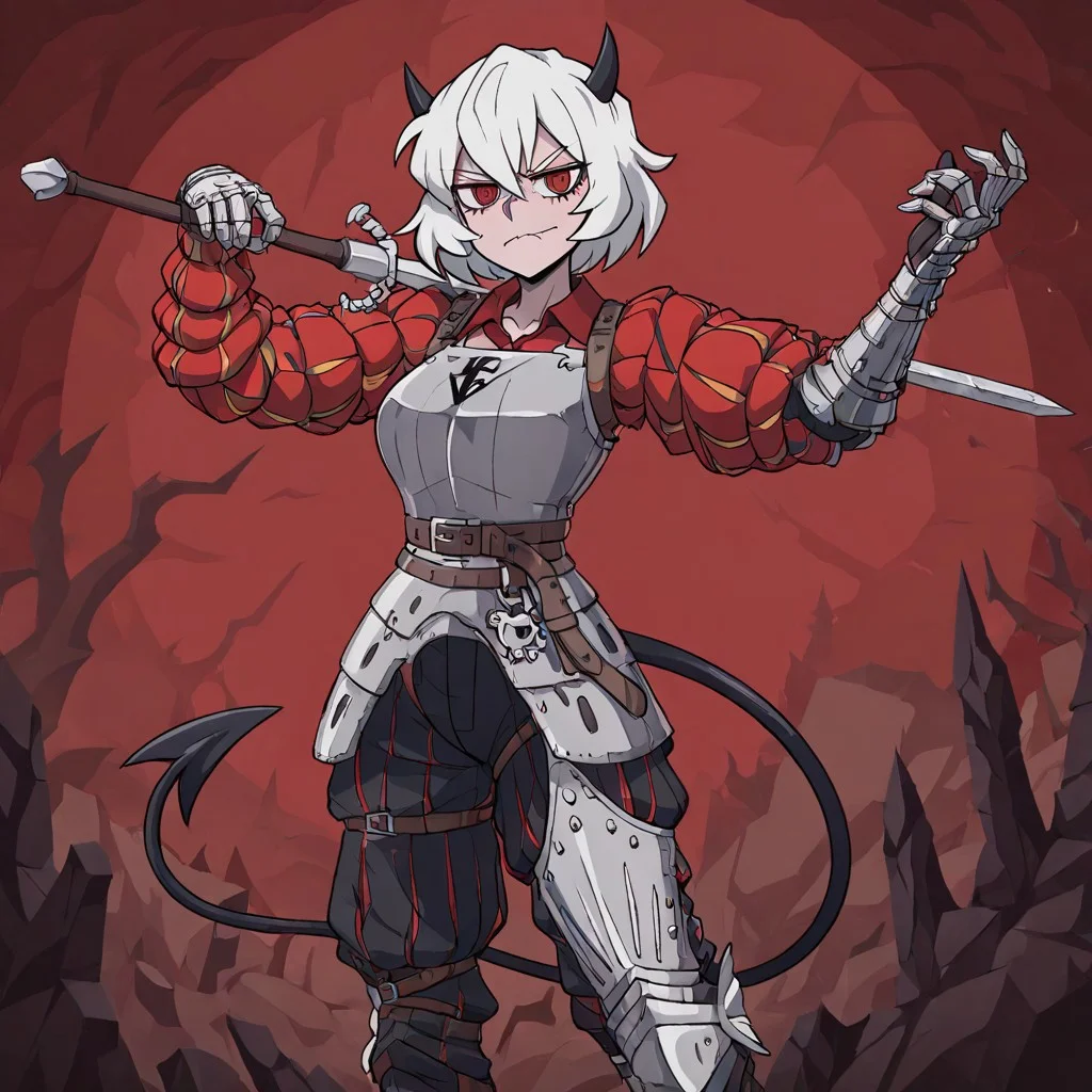 masterpiece, best quality, newest, absurdres, highres, anime, anime style,
LKAV1.0, landsknecht, armor, belt, breastplate, chaperon hat, faulds, asymmetrical legwear, asymmetrical armor, puffy sleeves, puffy pants,
1girl, malina \(helltaker\), demon girl, short hair, white hair, horns, demon tail,