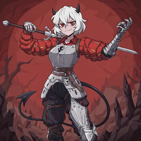 masterpiece, best quality, newest, absurdres, highres, anime, anime style,
LKAV1.0, landsknecht, armor, belt, breastplate, chaperon hat, faulds, asymmetrical legwear, asymmetrical armor, puffy sleeves, puffy pants,
1girl, malina \(helltaker\), demon girl, short hair, white hair, horns, demon tail,