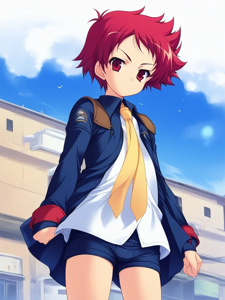 score_9, score_8_up, score_7_up, source_anime, rating_explicit, BREAK <lora:Tsurumi_Tsubasa_Ver2.0_XL:1> TsurumiTsubasa, 1boy, solo, short hair, red hair, red eyes,
shorts, Yellow necktie,
outdoor, day, sky,
slant eyes, serious,
looking at viewer,
cowboy_Shot,