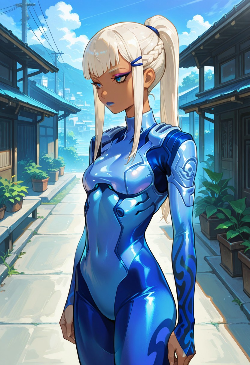 absurdres, masterpiece, best quality, very aesthetic, newest, HDR, 8K, ultra-detailed, 748cmstyle, anime, outdoor, day,  
1girl, solo, Mizuki_Fortnite, long hair, ponytail, braid, hairclip, blonde hair, white hair, hair ornament, blut bangs, sidelock, makeup, small breasts, lipstick, blue lips, eyeshadow, dark-skinned female, blue eyes, zero suit, blue bodysuit, armor, dress, skindentation, skinny, standing, expressionless)
