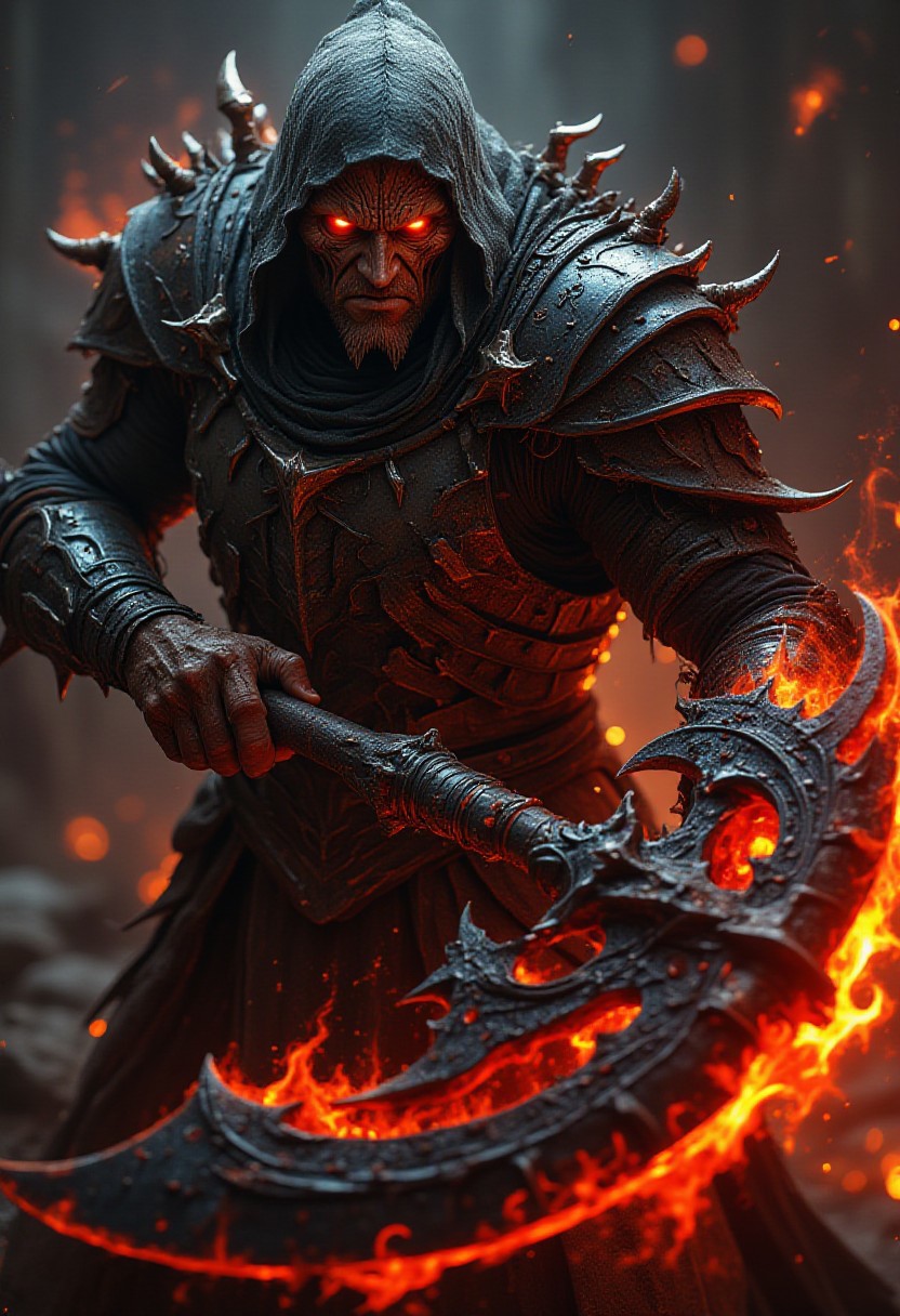 Midjourney Style, Cinematic Style, Realistic, Close-up 
score_9, score_8_up, score_7_up, In the warrior's hands he clutches a massive, fearsome battle axe, its dark metal blade laced with glowing red runes and surrounded by swirling embers and flames. The handle of the axe is adorned with jagged spikes, and the axe itself seems to have been forged in the depths of hell, radiating a dark, sinister power. The warrior swings the axe with deadly precision, its weight and force adding intensity to his forward movement.
Midjourney, Whisper,