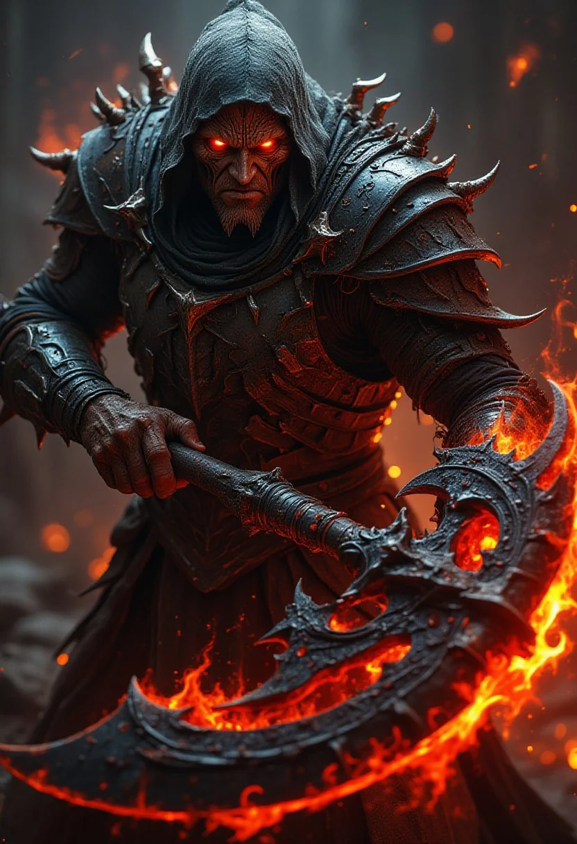Midjourney Style, Cinematic Style, Realistic, Close-up
score_9, score_8_up, score_7_up, In the warrior's hands he clutches a massive, fearsome battle axe, its dark metal blade laced with glowing red runes and surrounded by swirling embers and flames. The handle of the axe is adorned with jagged spikes, and the axe itself seems to have been forged in the depths of hell, radiating a dark, sinister power. The warrior swings the axe with deadly precision, its weight and force adding intensity to his forward movement.
Midjourney, Whisper,