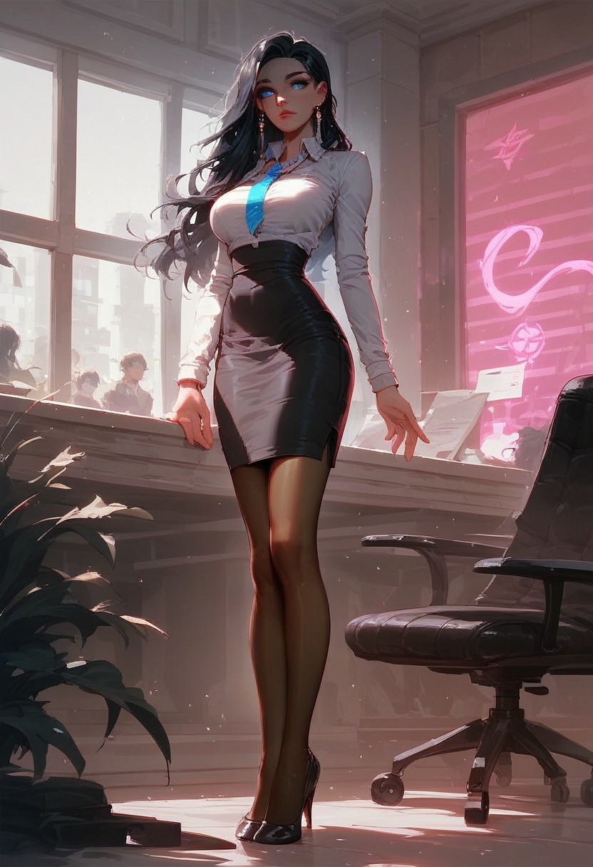 score_9, score_8_up, score_8_up, score_7_up, easynegative,  g0thicPXL, glowing, neon,Expressiveh,
jewelry, skirt, 1girl, earrings, chair, necklace, high heels, window, solo focus, indoors,  long hair, pencil skirt, lips, black skirt, shirt, standing, pantyhose, blue eyes, breasts, black hair, formal, full body, miniskirt, office lady, necktie, black footwear, high-waist skirt,  suit, shoes