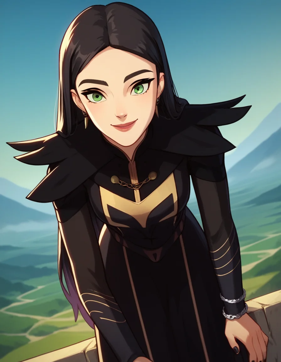 score_9, score_8_up, score_7_up, source_anime, <lora:dragon-prince-claudia-ponyxl-lora-nochekaiser:1>, claudia, long hair, black hair, green eyes, lips,, long sleeves, dress, jewelry, earrings, nail polish, black dress, black nails,, landscape, bent over, smile,, looking at viewer, solo, cowboy shot, dutch angle