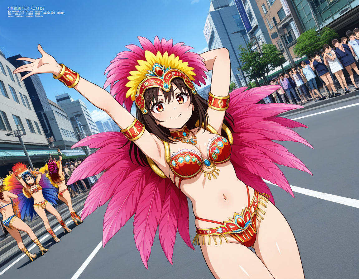 score_7_up, anime BREAK official art, solo, 1girl, one girl, 
dynamic angle, dynamic pose, megami magazine, 
BRERAK, 
<lora:Asakusa_Samba_Carnival_v2:0.8>, Asakusa Samba Carnival, outdoors, day, road, street, city, building, multiple girls, solo focus, dancing, Samba costume, 
jewelry, 6+girls, feathers, navel, breasts, arms up, medium breasts, bracelet, smile, necklace, armlet, kaminarimon gate, jewelry bikini, headdress, photo background, 
(masterpiece:1.3), best quality, high resolution, unity 8k wallpaper, extremely detailed CG, 8K, perfect anatomy, highly finished, masterpiece, best quality, high quality, amazing quality, great quality, very aesthetic, ultra detailed, highres, absurdres, highly detailed, highly detailed background,
