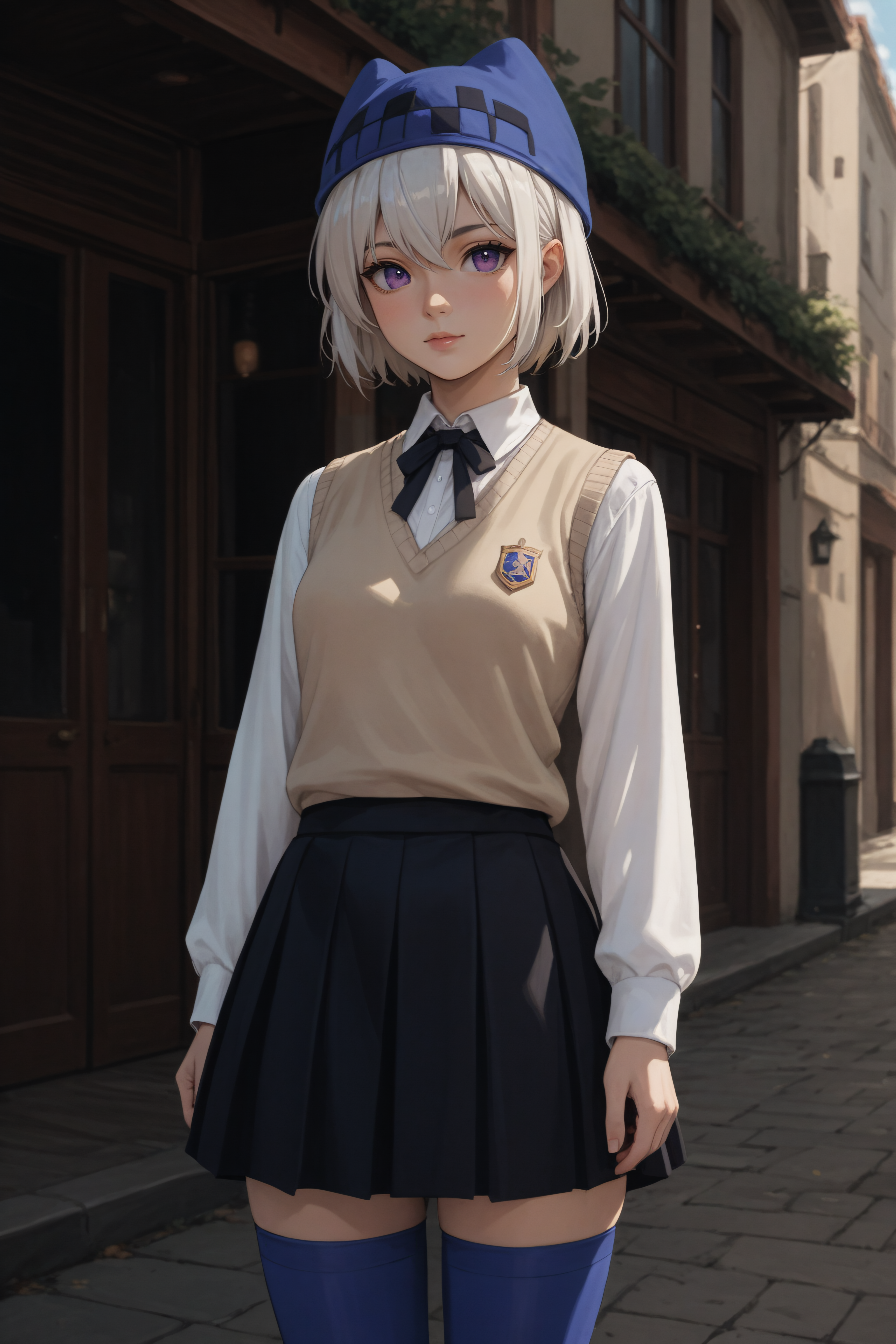 score_9, score_8_up, score_7_up, source_anime, <lora:Athena-PonyXL-lora-Faxtron:0.8> athena, purple eyes, white hair, short hair, hat with ears, beige sweater vest, white shirt, black neck ribbon, long sleeves, black skirt, blue thighhighs, standing,