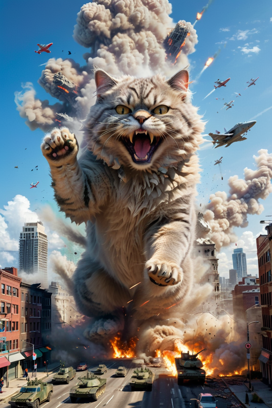 cute giant fluffy cat obliterating large city, tanks, jets, army, highrise, kicking through a building <lora:xl_more_art-full_v1:1>