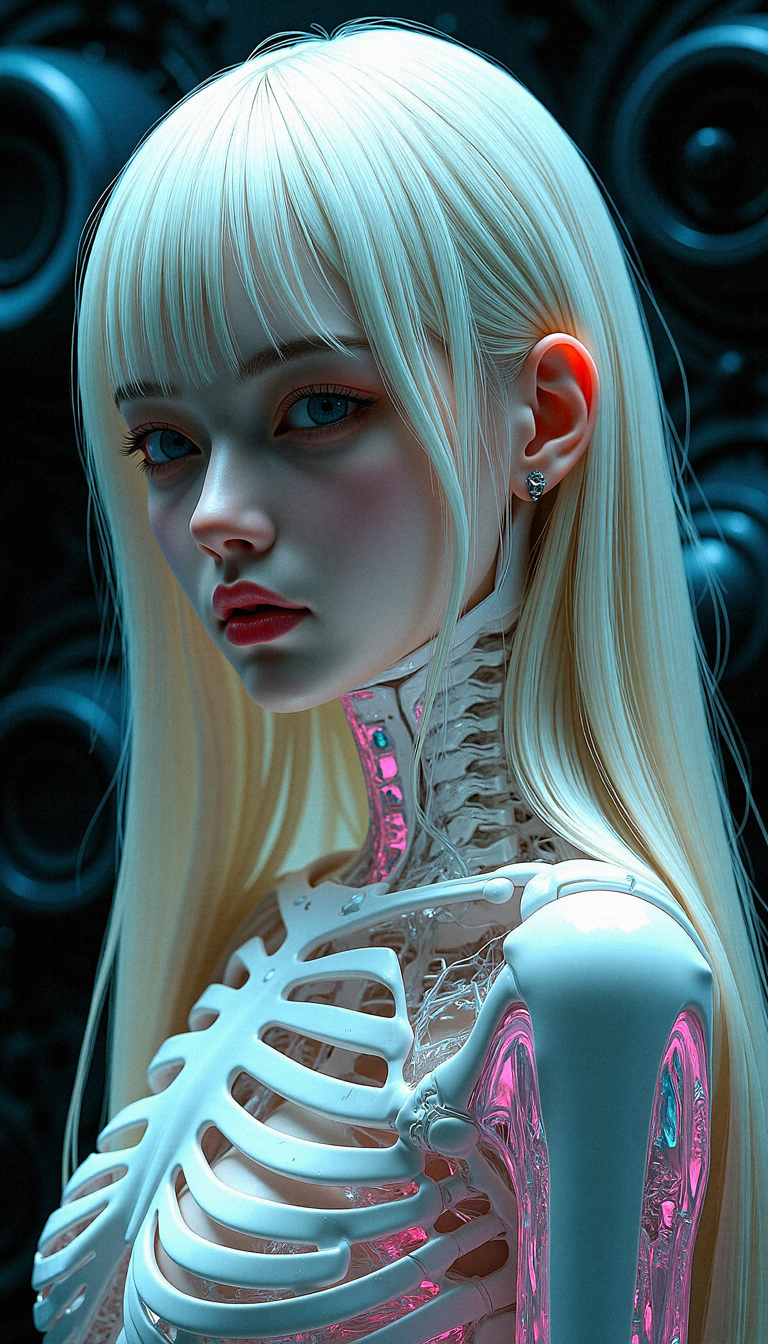 a photorealistic close-up of a futuristic female character with a pale, ethereal face that retains soft, human features and long, flowing hair with long bangs that glows faintly. The character’s body transitions into a glossy, intricate metallic skeleton from the neck down, with ribs, spine, and limbs that resemble polished bone. These bones reflect iridescent colors—teal, pink, and violet—adding a chameleon-like quality. Her ribcage and skeletal arms look organic yet machine-like, connected with intricate wires and joints that suggest advanced robotics. The dimlit lighting background full of machinery emphasizes her glowing elements and surrounding futuristic, casting soft, dramatic shadows that enhance her otherworldly aura. Maintain a high level of detail, focusing on the textures and reflective qualities of the metallic skeleton while capturing the ethereal softness of her face and hair.