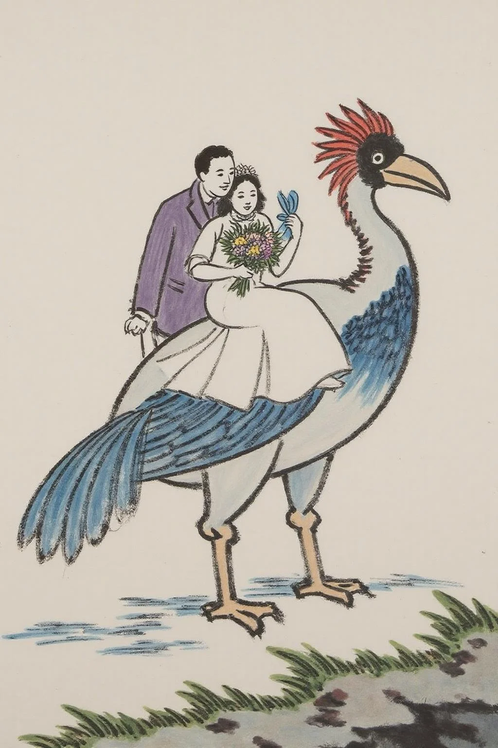 fzk1 ink painting. A romantic scene with a couple, a woman, and a man, set against a dreamlike, fantastical backdrop. The woman, dressed in a flowing white wedding gown, is seated on the back of a stylized giant bird with a prominent red comb and a blue body. She holds a bouquet of flowers in her left hand and a blue ribbon in her right hand, which is resting on the man's shoulder. The man, dressed in a deep purple suit, embraces her from behind, with his head resting on her shoulder. <lora:fzk2_nocap_d6a3:1.0><lora:815029603010641212:0>